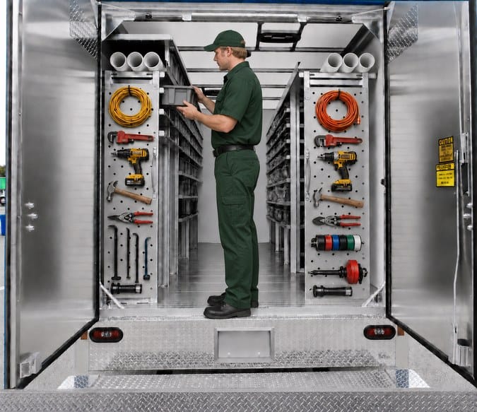 Technician pulling a parts bin from Hackney aluminum shelving inside a work truck body