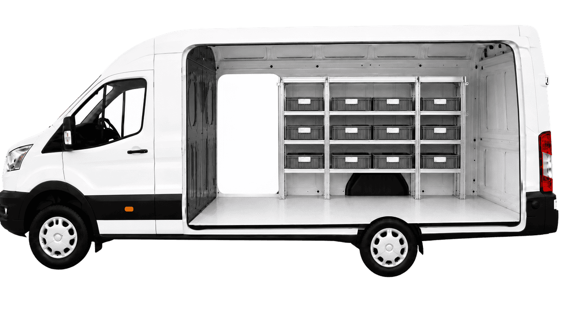 Cargo van with Hackney modular aluminum shelving and parts bins installed